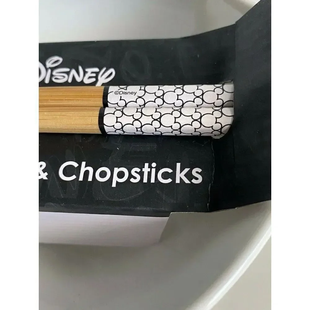 Disney Mickey & Minnie Mouse Faces All Over Ramen‎ Bowl With Chopsticks NEW